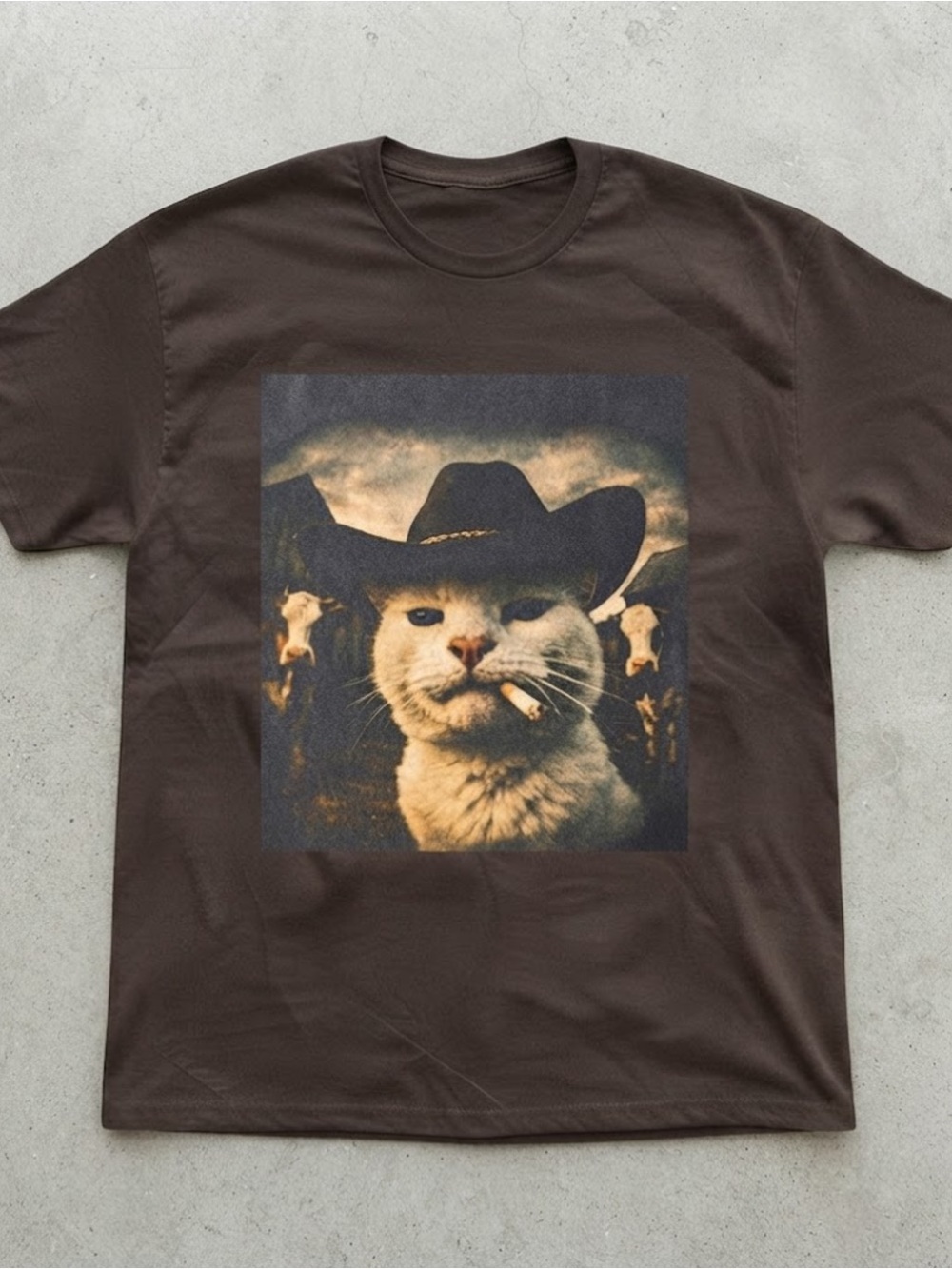 Cowboy Cat Smoking Graphic Dark Brown Cotton Gildan T-Shirt